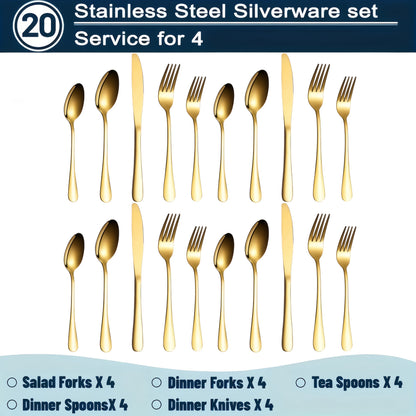 Gold Silverware Set Stainless Steel 20 or 60 Piece Heavy Duty Dishwasher Safe Rust-Proof Non-Toxic Flatware with Gift Box for Restaurant Wedding Home Thanksgiving Christmas