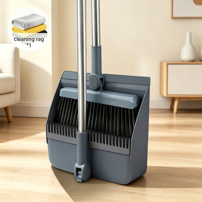 3-in-1 Upright Broom and Dustpan Set with Long Handle, Comb Teeth Dustpan, Garbage Bag Holder – Indoor Outdoor Floor Sweeping Brush Kit for Kitchen Balcony Patio Garage