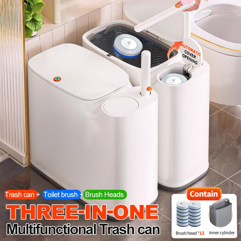 Toilet Brush with Trash Can 2-in-1 Bathroom Set - Slim 7.7L Waste Bin with Disposable Brush Heads, Space Saving Narrow Bathroom Trash Can with Lid for Small Bathroom RV Apartment