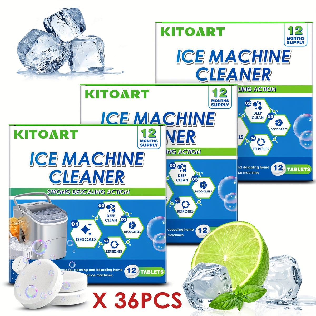 Ice Maker Cleaning Tablets 12/24/36 Pack – Deep Cleaning Descaler & Deodorizer, Food-Grade Citric Acid, Nickel-Safe, No Residue, Compatible with All Countertop & Portable Ice Machines