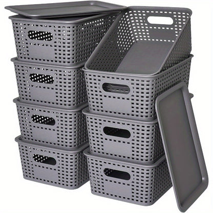 Storage Bins with Lids 4/8pcs Space-Saving Organizer 10"x7"x4" – Shelf Closet Desk Organizer for Dorm Playroom Office, Includes File Organizer Bag, White Black Gray Red