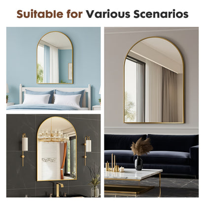 Gold Black Arch Mirror Wall Mounted Metal Frame Arched Wall Mirror Multiple Sizes for Bathroom Bedroom Entryway Living Room Vanity