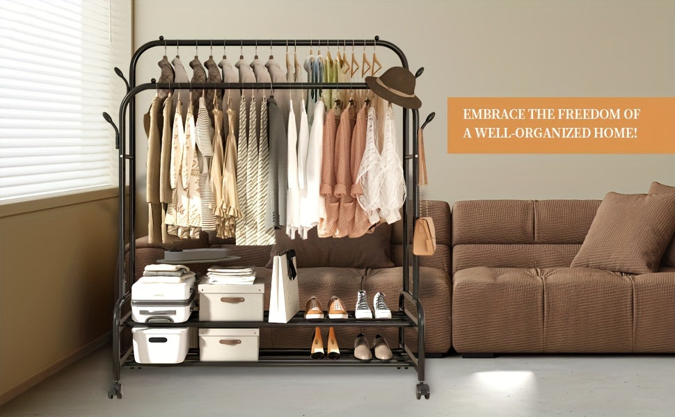 Heavy-Duty Metal Clothing Rack with Double Rods & Wheels – Freestanding Garment Rack with Shelves & Hooks for Bedroom Closet, Golden