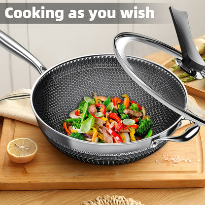 Non-Stick Wok with Lid 13.3 Inch Stainless Steel Honeycomb Coating, Stir Fry Pan with 2 Cookware Accessories, Works on Gas Induction Electric Ceramic Stovetop, Home Kitchen Cooking Pan