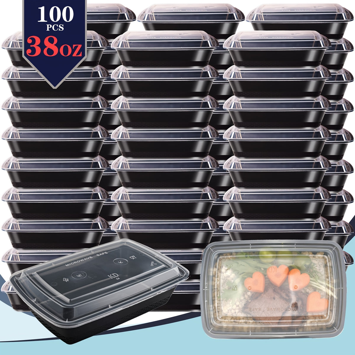 100-Pack Meal Prep Containers 38oz Black Rectangular with Lids – Stackable Leakproof Disposable Bento Box Food Storage Set, Microwave Dishwasher Freezer Safe, Ideal for Takeout & Meal Prep