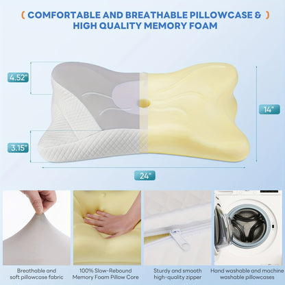 Cervical Neck Pillow Memory Foam Ergonomic Contour for Side Back Stomach Sleepers - Orthopedic Neck Support with Cooling Pillowcase, Grey White King Standard 2-Pack