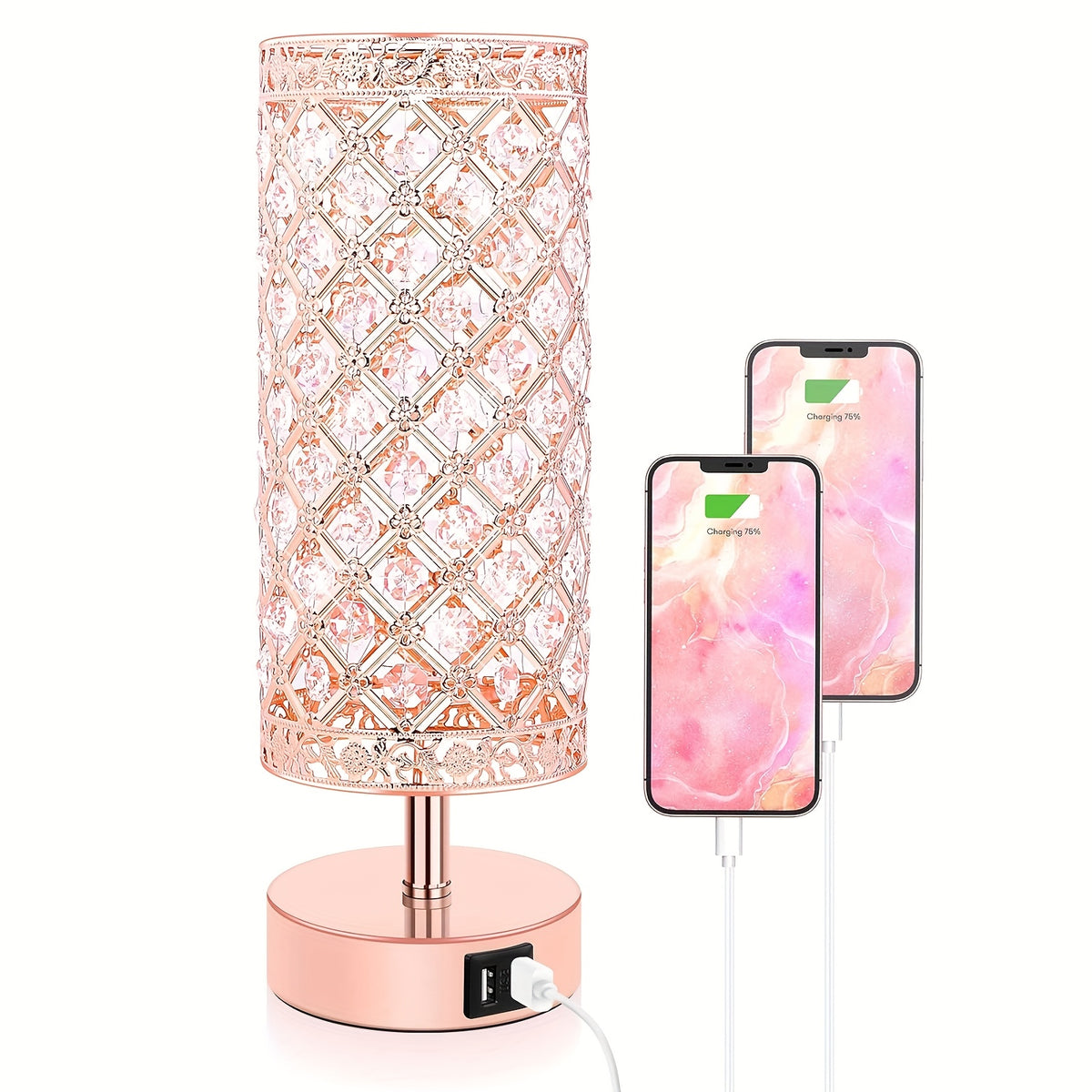 Crystal Table Lamp with Touch Control & 2 USB Ports – 3-Way Dimmable Bedside Nightstand Light for Bedroom, Living Room & Office, LED Bulb Included
