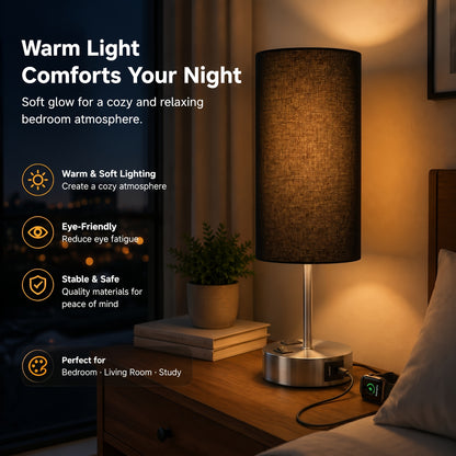 Dimmable Table Lamp with USB Charging Port and AC Outlet, 3-Way Touch Control Bedside Nightstand Lamp with Wood Metal Base and LED Bulb Included, Modern Desk Light for Bedroom Living Room Office