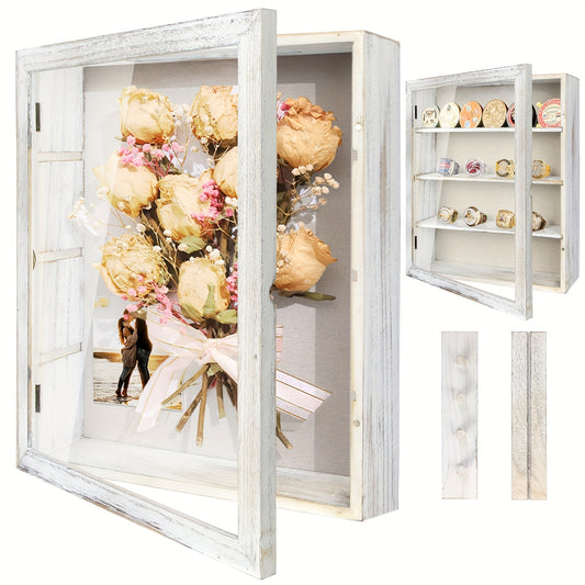 Shadow Box Display Case 11x14 with 4 Removable Shelves & Linen Back - Large Memory Box for Medals, Coins, Rings, Flowers, Photos, Pin Collections, Wall Hanging Frame, Black White Brown