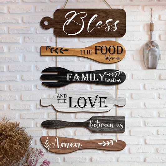 Farmhouse Kitchen Wall Decor Wood Sign Set – Bless The Food Before Us Rustic Dining Room Hanging Wall Art Rope Plaque, 6 Pieces Wood Board