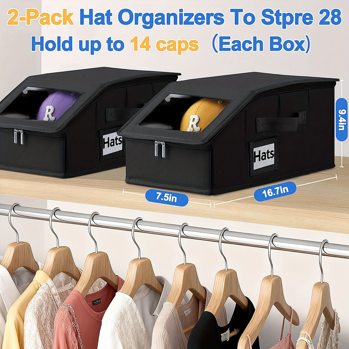 Stackable Hat Storage Box for Baseball Caps Holds Up to 30 Caps – 1 or 2 Pack Closet Hat Organizer with Cardboard Dividers for Women & Men