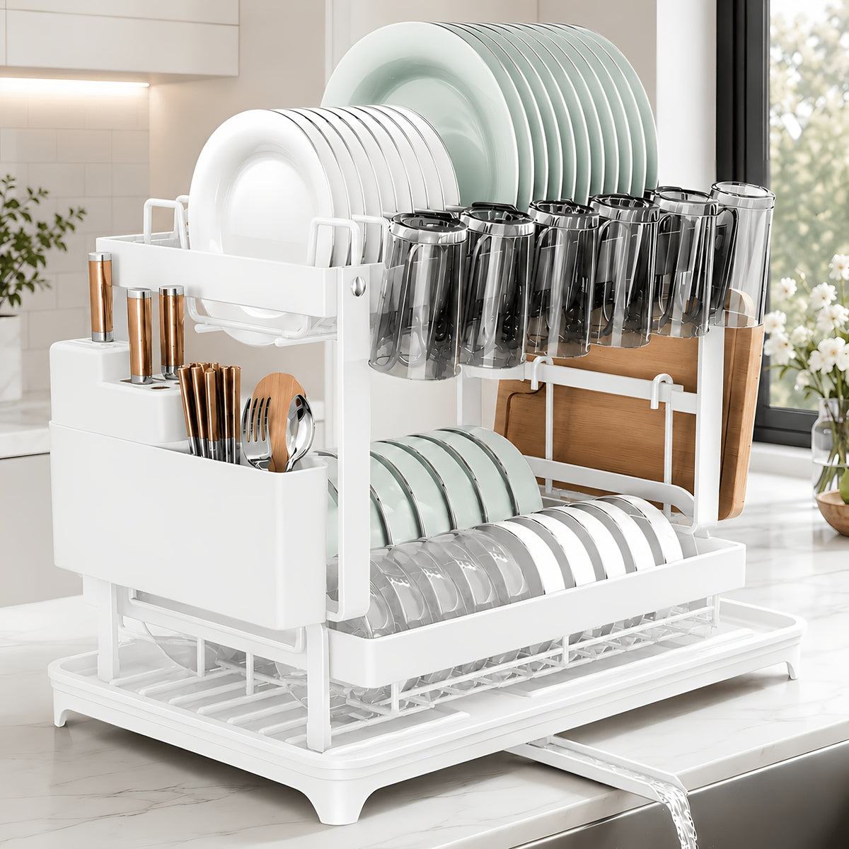 Metal Dish Drying Rack 2 Tier with Drainboard – Rust-Resistant Countertop Dish Drainer, Space-Saving Kitchen Organizer for Plates Cups Utensils, Available in Gray White Black