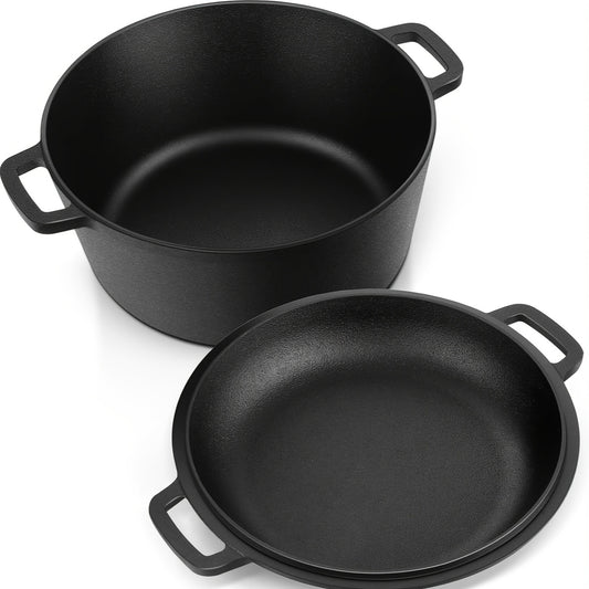 Cast Iron Dutch Oven 5 QT with Lid – 2-in-1 Pre-Seasoned Deep Pot for Camping, Baking, Stewing & Roasting, Stovetop to Oven Safe up to 500°F, Indoor & Outdoor Use, Black
