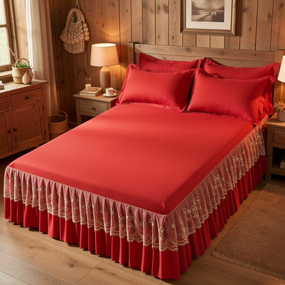 Macrame Bed Skirt Set 3 Piece with Pillowcases – Double Layer Lace Non-Slip Bedding for Twin Full Queen King, All Seasons, Red Grey Navy Purple