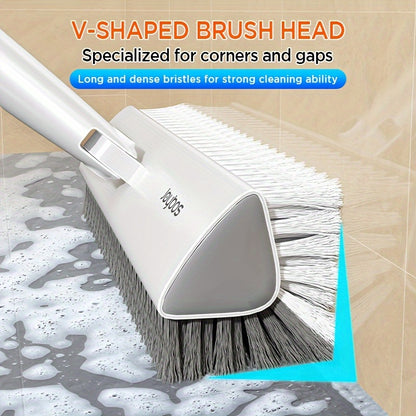 Long Handle Floor Scrub Brush 52 Inch V-Shaped Triangle Head Double-Sided Stiff Bristles Deep Clean Tile Grout Bathroom Kitchen Patio Corner Gaps Ergonomic Crevice Cleaning Brush