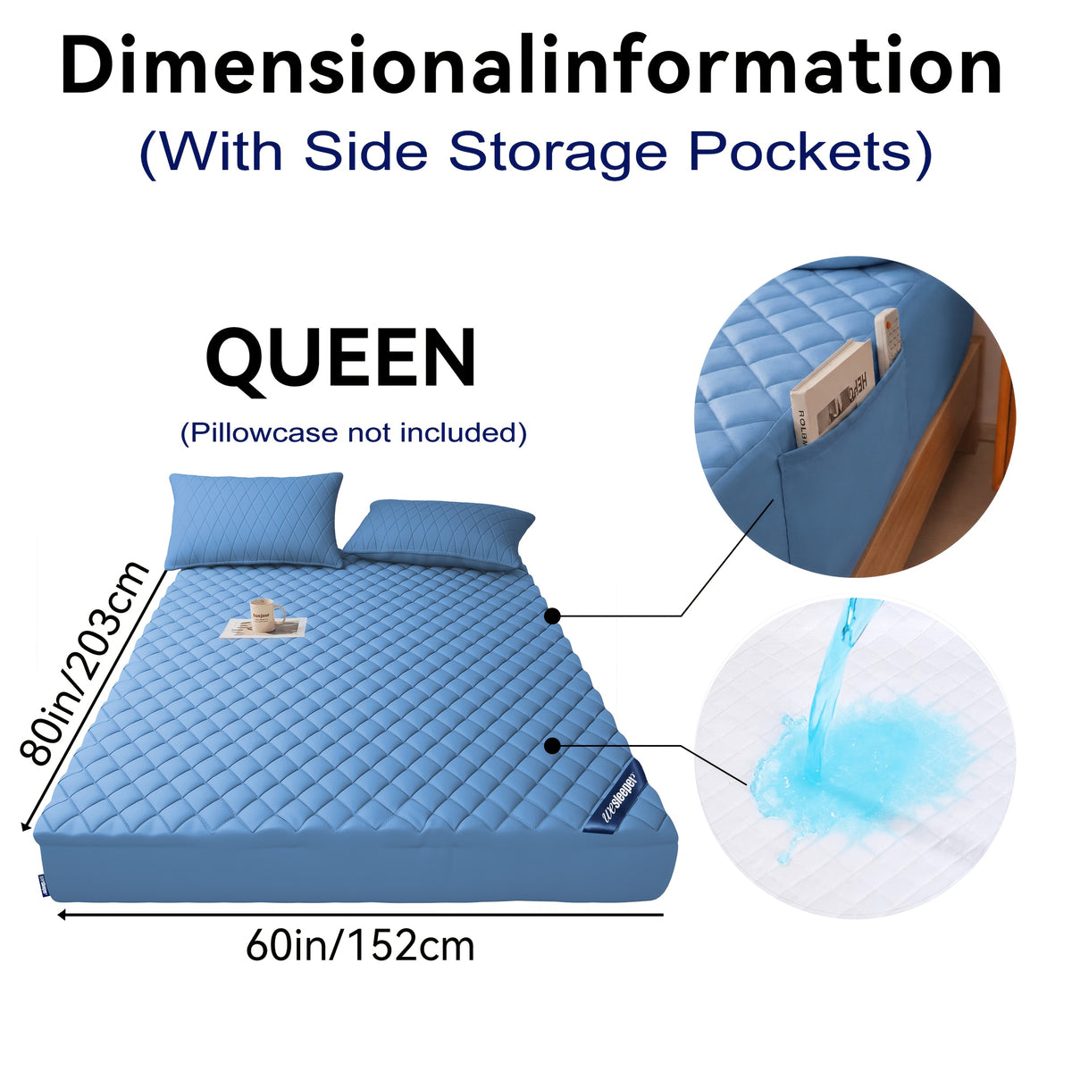 Waterproof Mattress Protector with Side Storage Pocket, Diamond Quilted Deep Pocket Mattress Cover – Breathable Cooling Mattress Pad, Soft Noiseless Bed Protector for Twin Full Queen King, Multiple Colors