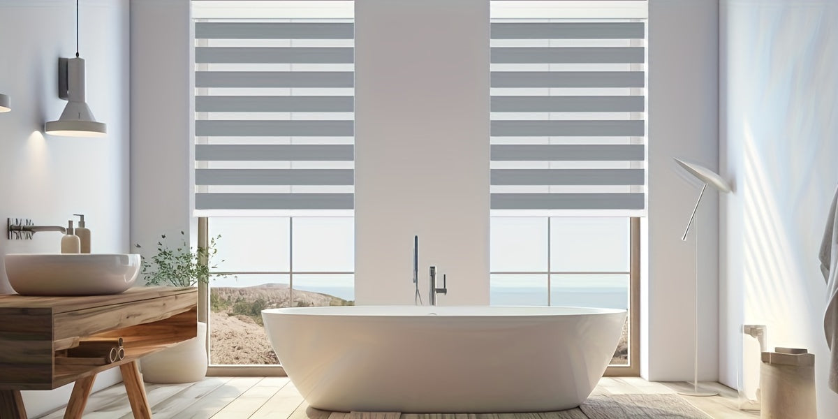 Cordless Zebra Roller Shade with Valance | Double Layer Day & Night Window Blind | Light Filtering & Room Darkening Window Treatment, Beige, Grey, White, Black