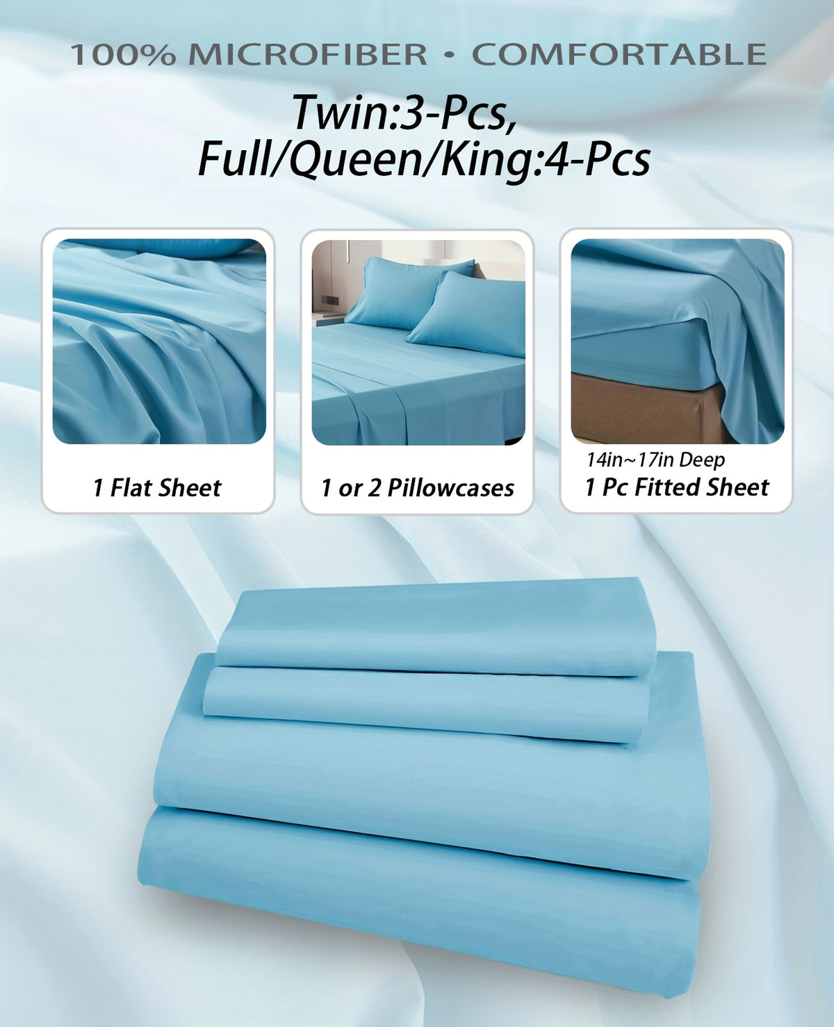 Bed Sheets Set Extra Deep Pocket 500 Thread Count, 3/4 Piece 18 Inch Deep Pocket Fitted Sheet Soft Brushed Microfiber Hotel Luxury Bedding, Wrinkle Free Breathable Bed Sheet Twin Full Queen King