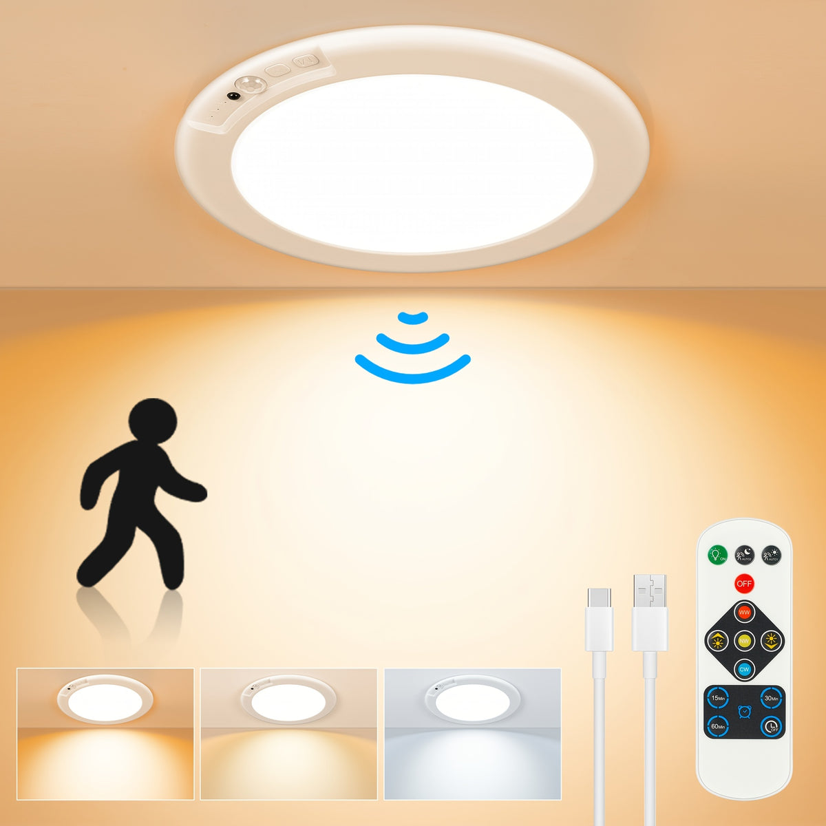 Rechargeable LED Ceiling Light with Motion Sensor & Remote Control – Battery Operated, 3 Color Temps (3000K/4500K/6500K), 10 Brightness Levels, Dimmable Closet Light for Bathroom, Hallway, Pantry & Porch – White, Black & Gold