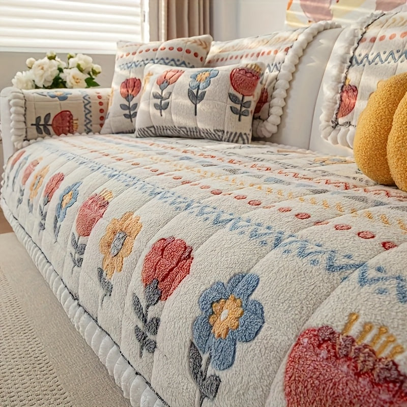 Bohemian Floral Plush Sofa Cover Thick Milk Fleece Couch Protector for 2 3 4 Seater Machine Washable Quilted Sofa Slipcover with Decorative Pillow Covers Warm Cozy Living Room Sofa Accessory White