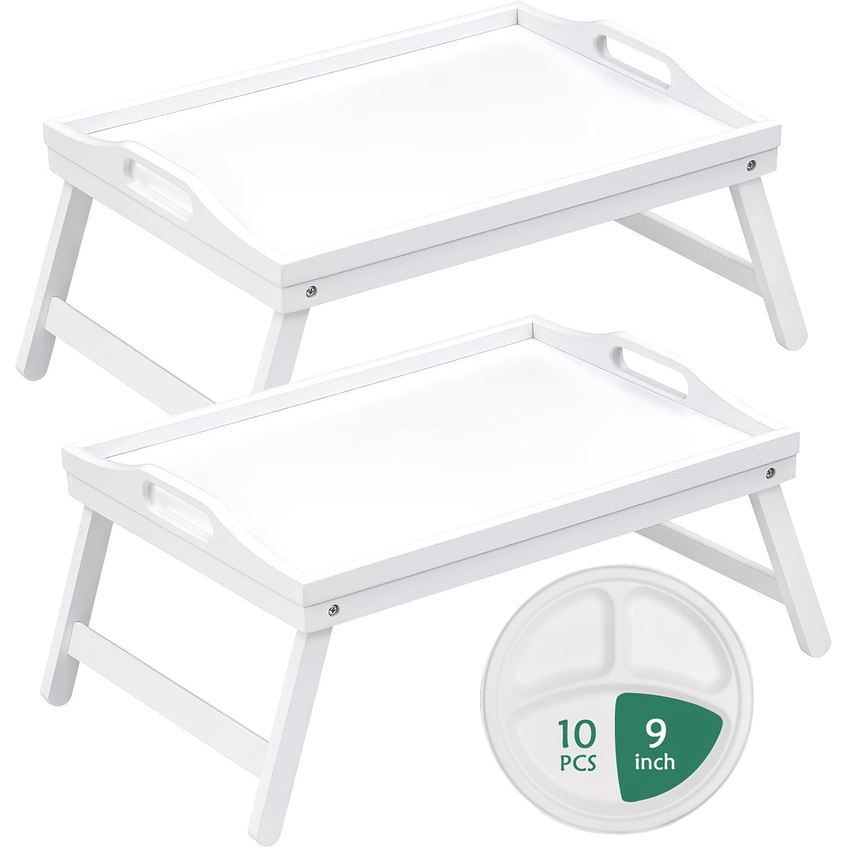 Foldable Bed Tray Table with Handles – Bamboo Breakfast Tray for Eating, Working & Snacking in Bed or Sofa, Sturdy Folding Legs, White Black Natural Bamboo, 1 or 2 Pack