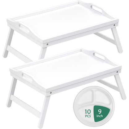 Foldable Bed Tray Table with Handles – Bamboo Breakfast Tray for Eating, Working & Snacking in Bed or Sofa, Sturdy Folding Legs, White Black Natural Bamboo, 1 or 2 Pack