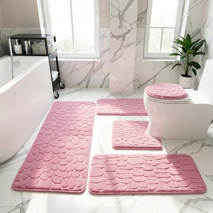 Memory Foam Bathroom Rug Set 5-Piece - Plush Non-Slip Super Absorbent Bath Mats for Sink Bathtub Shower Toilet, Machine Washable Quick-Dry Luxury Soft Sponge Bath Rug Set Black Gray Pink Khaki