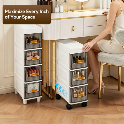 Slim Storage Cabinet with Drawers 3 4 5 6 Tier, Waterproof PP Plastic Drawer Organizer Unit for Bathroom Kitchen Bedroom, Narrow Rolling Storage Cart with Wheels for Small Spaces