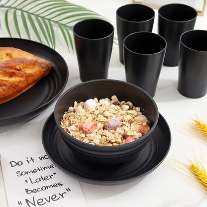 Wheat Straw Dinnerware Set Unbreakable – 16 or 32 Piece Lightweight Dish Set with Dinner Plates, Dessert Plates, Bowls & Cups, Dishwasher & Microwave Safe, Service for 4 or 8, Black or White