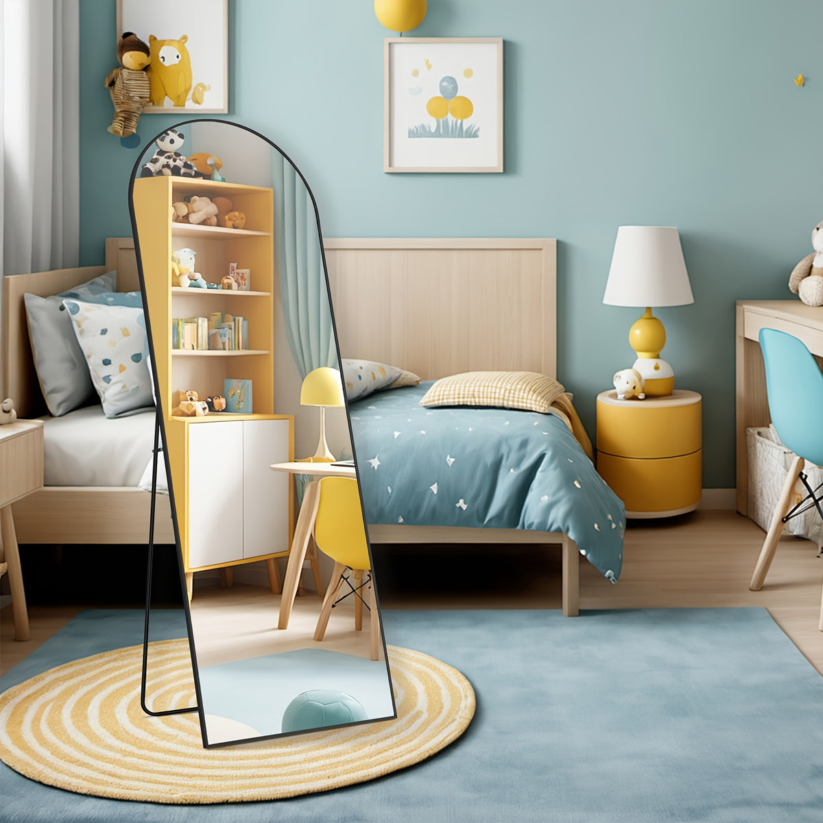 Arched Full Length Mirror 59x16 Inch, Freestanding Floor Mirror with Thin Frame Vertical or Tilted, Large Wall Leaning Mirror for Bedroom Living Room Nursery, Black Gold Aesthetic Home Decor
