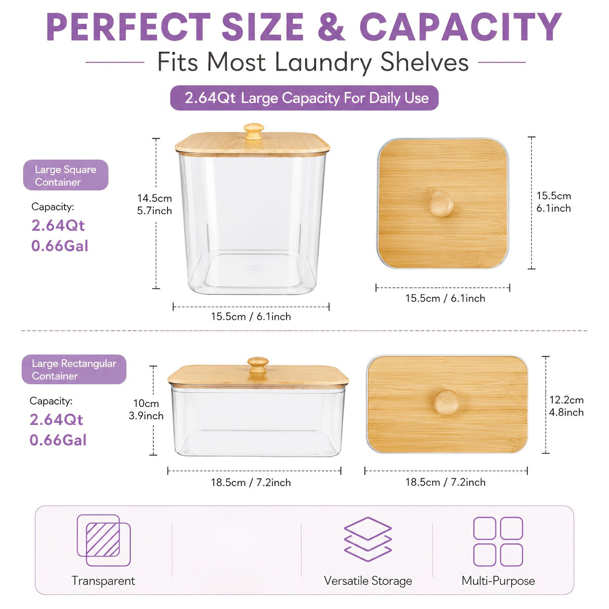 Laundry Pods Container Set with Bamboo Lid, Dryer Sheet Holder & Labels – Clear Laundry Room Organization Canisters for Scent Booster, Powder & Detergent Pods, 2/3/4-Pack