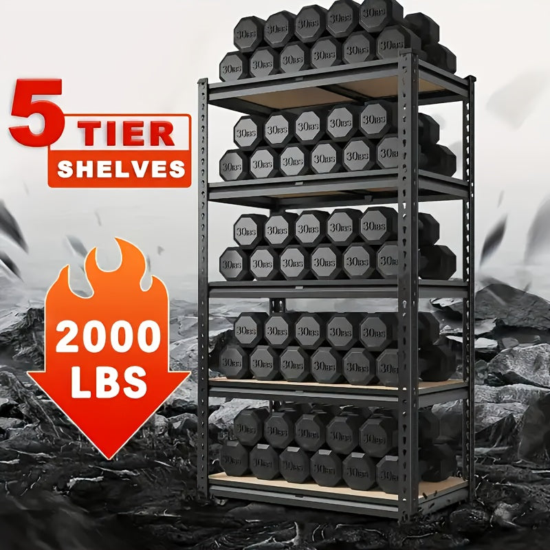 Heavy Duty Metal Shelving Unit 5-Tier Garage Storage Rack 60"/72" Height, 2000 lbs Capacity, Adjustable Steel Shelf for Garage, Basement, Pantry & Utility Room – Black Powder-Coated, 1 or 2 Pack