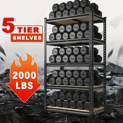 Heavy Duty Metal Shelving Unit 5-Tier Garage Storage Rack 60"/72" Height, 2000 lbs Capacity, Adjustable Steel Shelf for Garage, Basement, Pantry & Utility Room – Black Powder-Coated, 1 or 2 Pack