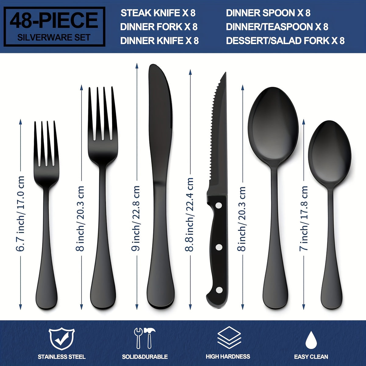 Silverware Set 48 Piece with Steak Knives Service for 8 – Stainless Steel Flatware Cutlery Set, Mirror Finish, Dishwasher Safe | Silver & Black Utensils for Home Kitchen Dining