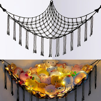 Stuffed Animal Hammock with LED Lights Corner Toy Net Organizer for Kids Bedroom Nursery Plush Toy Storage Hanging Mesh Bag