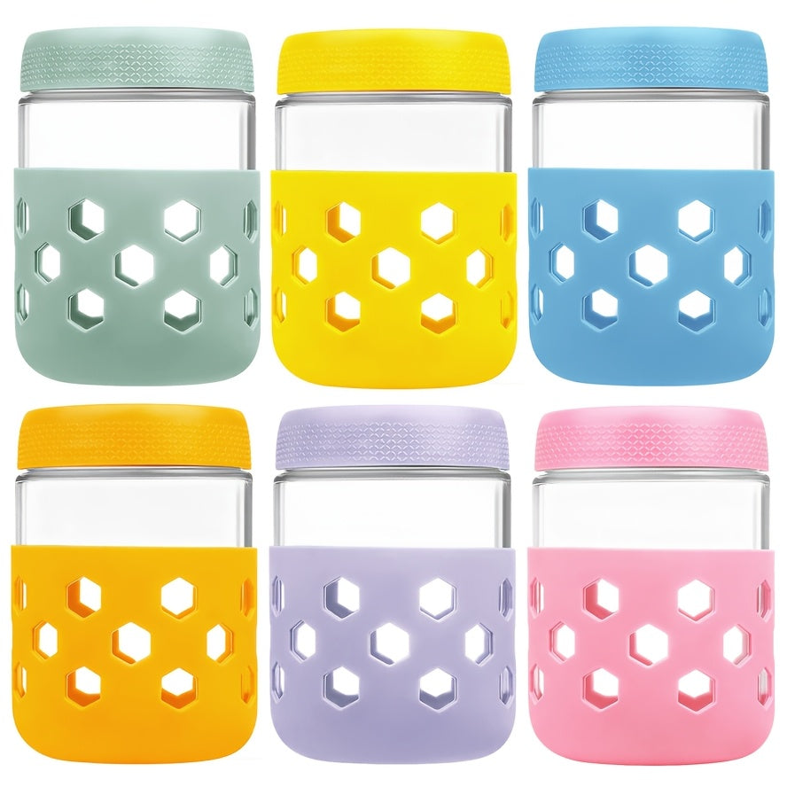 Airtight Glass Food Storage Jars with Silicone Sleeves 6 Pack – 16oz Moisture-Proof Pantry Canisters for Tea Grains Nuts Snacks & Yogurt, Leak-Proof Kitchen Organization Containers with Lids