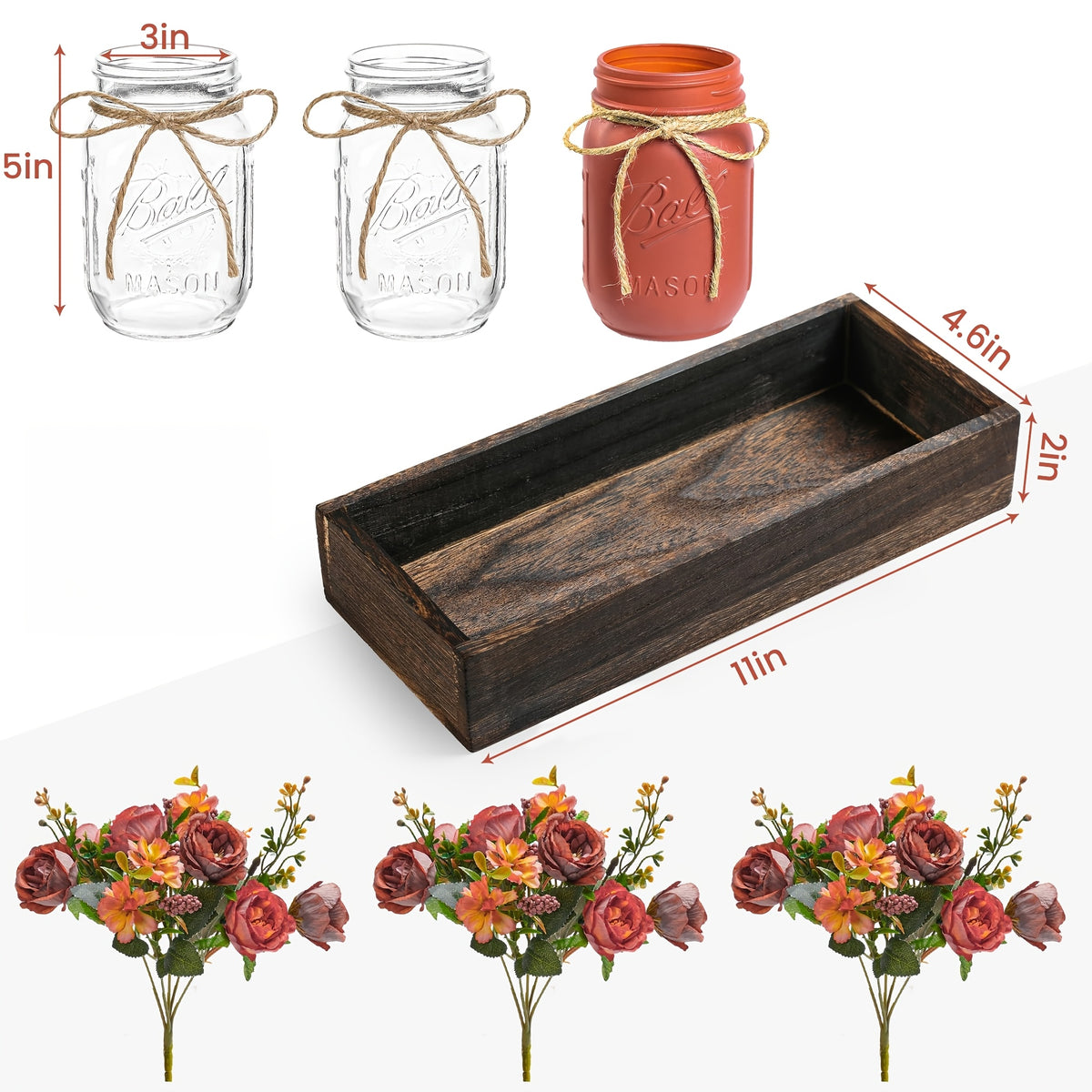 Mason Jar Centerpiece Table Decorations with Wood Tray & LED Lights – 3pcs Farmhouse Dining Room Coffee Table Decor Set for Kitchen Living Room Bathroom, Pink