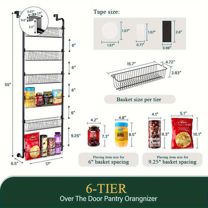Over The Door Organizer, Heavy-Duty Metal Pantry Rack with 6 or 8 Shelves – Space-Saving Multi-Level Storage for Kitchen, Bathroom & Laundry Room, Spice Rack & Cabinet Door Hanging Shelf, Black or White
