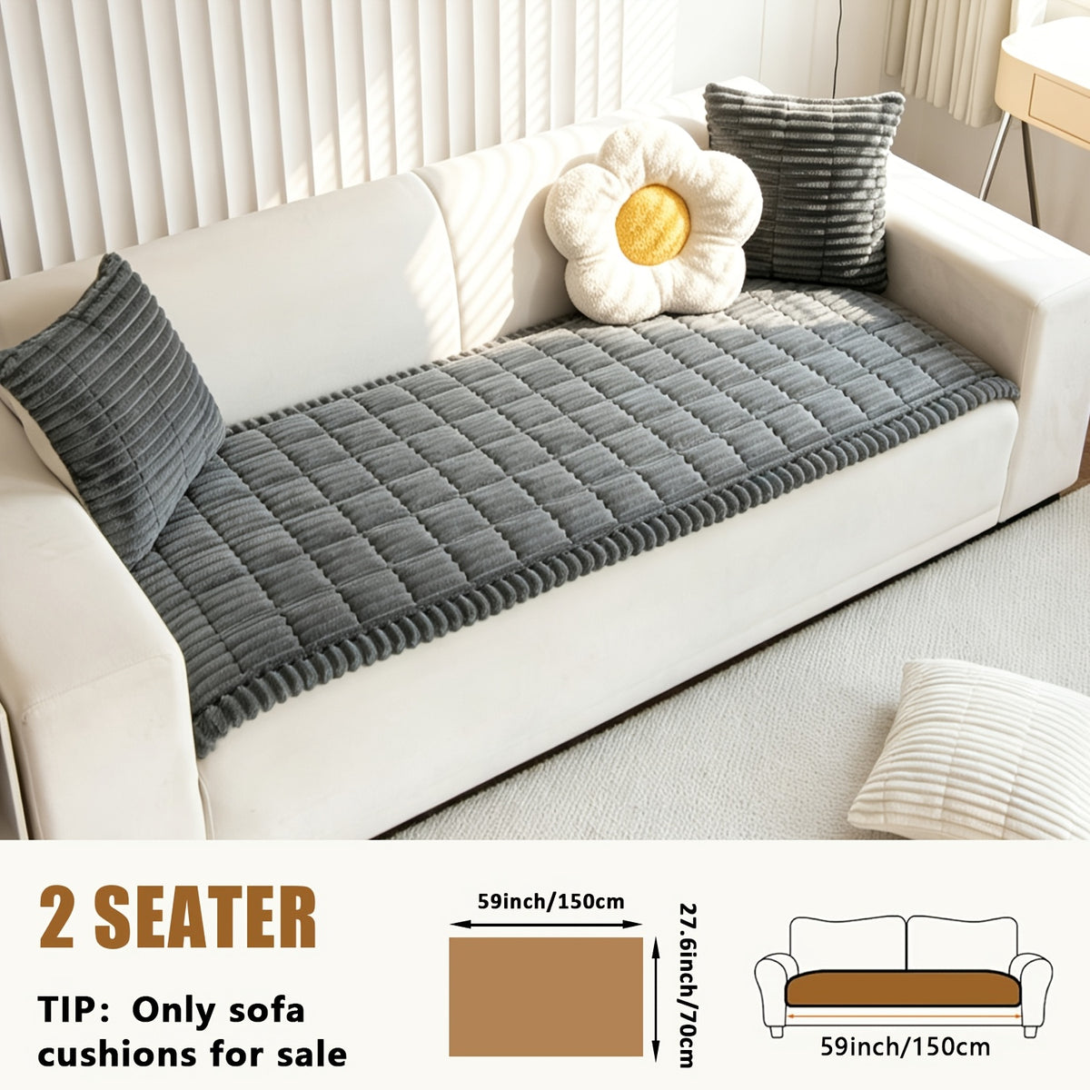 Sofa Cover Plush Velvet - Washable Stretch Couch Cover with Wavy Edge, Soft Shu Velveteen Sofa Protector for 1 2 3 4 Seater, Easy Install Furniture Cover in White Khaki Gray
