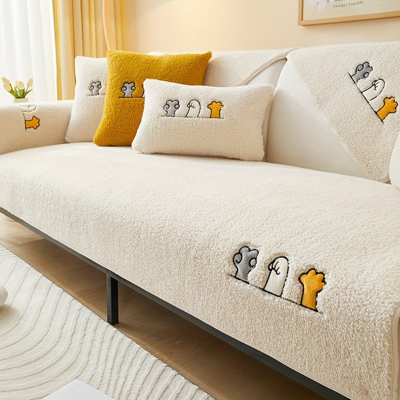 Sofa Cover Plush Shearling Non-Slip Pet-Friendly – Thick Couch Protector with Animal Bone Embroidery for 2 3 4 Seater, Soft Warm Slipcover for Living Room Bedroom Office in Dark Gray Off White Coffee Black
