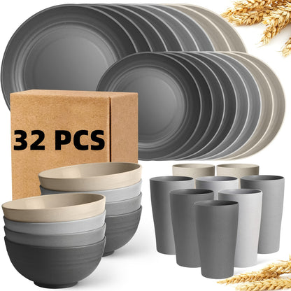 Wheat Straw Dish Set for 4 or 8 – 16 or 32 Piece Unbreakable Dinnerware Set with Dinner Plate, Dessert Plate, Cereal Bowl & Cup, Dishwasher Safe Lightweight Tableware for Camping, Everyday Use & Gifts