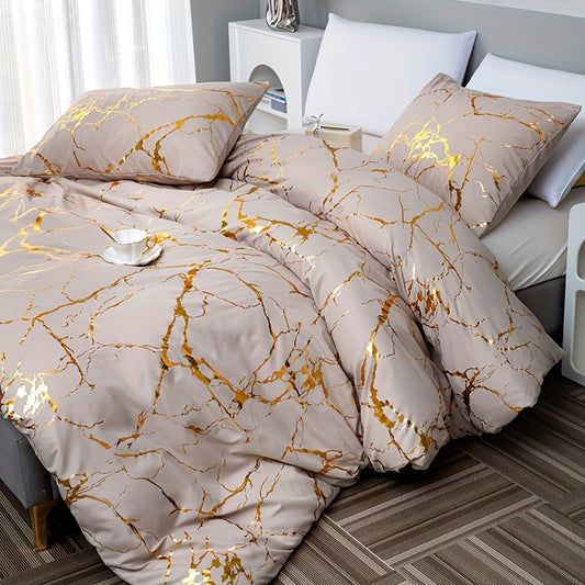 Duvet Cover Set 3-Piece Bronzing Texture | Super Soft Breathable Bedding Set with 2 Pillowcases, Twin Full Queen King, All-Season Bedroom Dormitory Comforter Cover, White Khaki Black