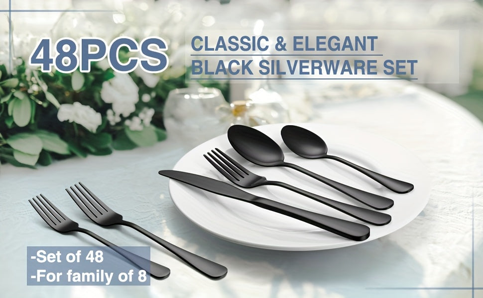 Silverware Set 48 Piece with Steak Knives Service for 8 – Stainless Steel Flatware Cutlery Set, Mirror Finish, Dishwasher Safe | Silver & Black Utensils for Home Kitchen Dining