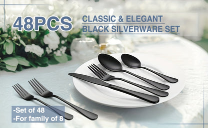 Silverware Set 48 Piece with Steak Knives Service for 8 – Stainless Steel Flatware Cutlery Set, Mirror Finish, Dishwasher Safe | Silver & Black Utensils for Home Kitchen Dining