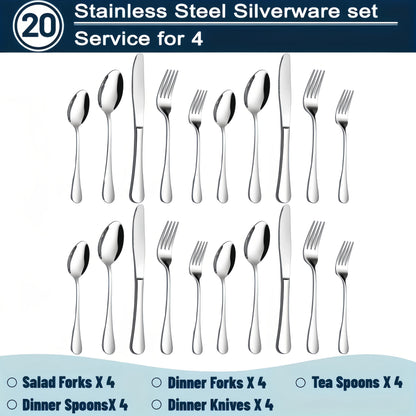 Commercial Grade Silverware Set 20/60pcs 304 Stainless Steel Heavy Duty Flatware Dishwasher Safe Rust Proof Non-Toxic Bulk Tableware with Gift Box for Restaurant Wedding Home