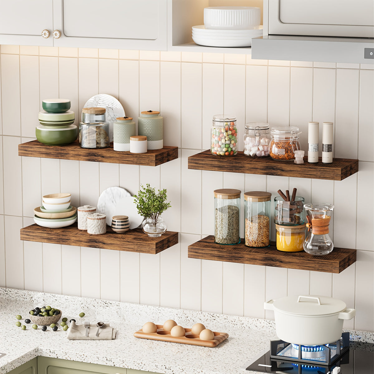 Rustic Floating Shelves 15.8 Inch 4 or 8 Pack – Wall Mounted Wood Shelf with Invisible Brackets for Home Decor Living Room Bedroom Bathroom Kitchen Brown Black White Gray