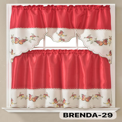 Kitchen Curtains Set 3 Piece with Embroidery – Satin Fabric Valance and Tier Curtains for Kitchen Windows, 49 Colors, Light Filtering, Rod Pocket, Machine Washable