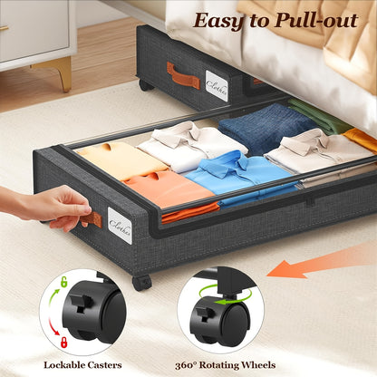 Under Bed Storage Bins with Wheels 2 Pack, Rolling Underbed Storage Box with Metal Drawer, Bed Storage Organizer for Clothes Blankets Shoes Books Bedding, Under Bed Storage Containers with Lid