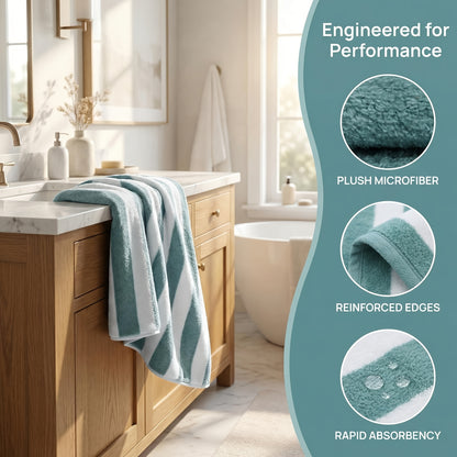 Microfiber Towel Set – Ultra-Soft No Lint Two-Color Striped Bath Towels, Super Absorbent Five-Star Hotel Standard, Available in 1, 3 & 10 Piece Sets for Bathroom, Beach, Gym & Spa
