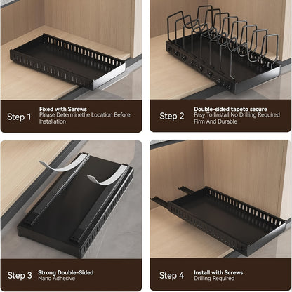 Pull Out Cabinet Organizer Set of 2 - Slide Out Pot and Pan Organizer for Under Cabinet, Pot Lid Holder Rack with 8 Adjustable Dividers, Drill-Free Kitchen Cabinet Cookware Storage Shelf, Black